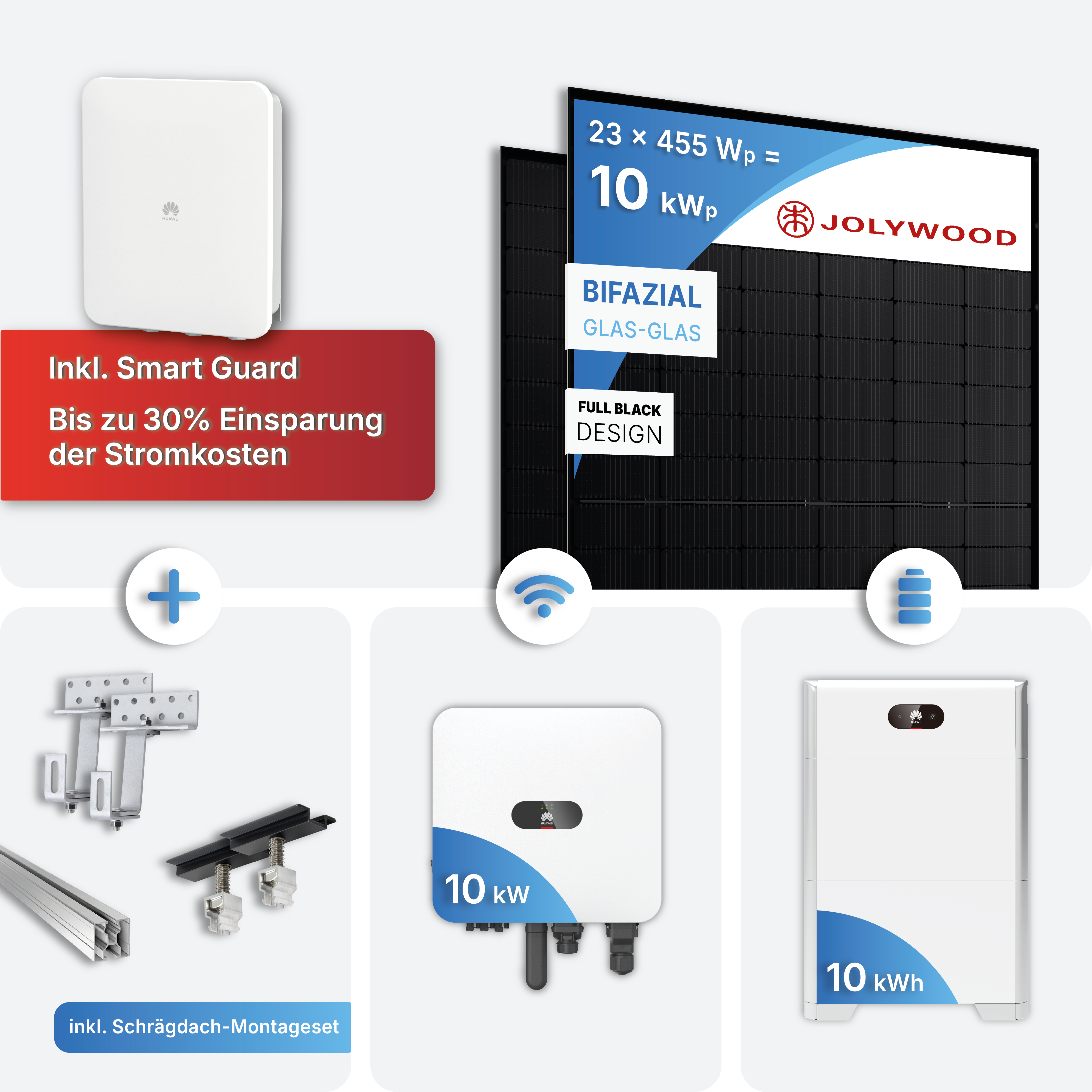 10 kWp PV Anlage Huawei MAP0 mit 10 kWh Speicher - Bifazial, Full Black inkl. Montageset