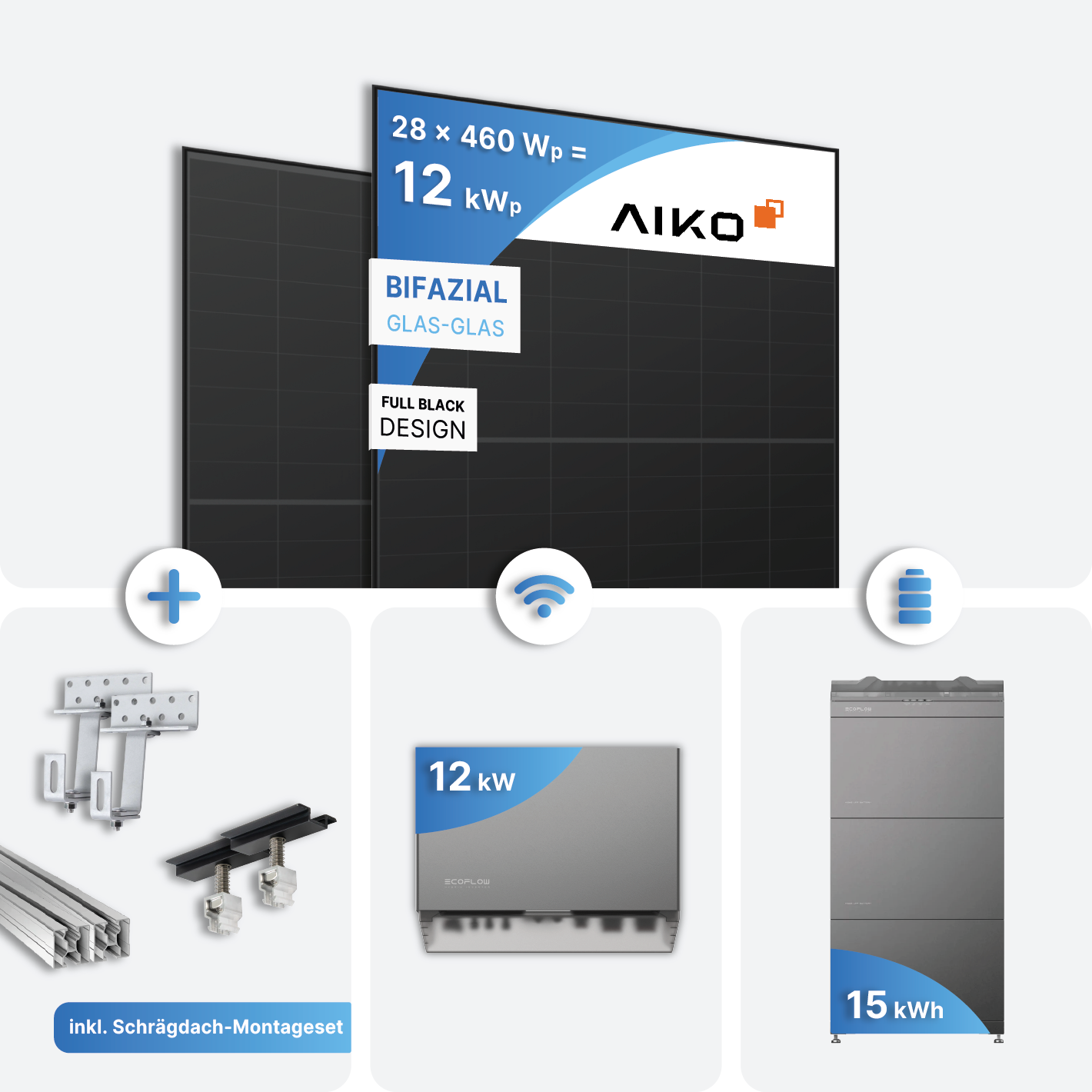 12 kWp PV Anlage mit 15 kWh Speicher EcoFlow - Bifazial, Full Black inkl. Montageset