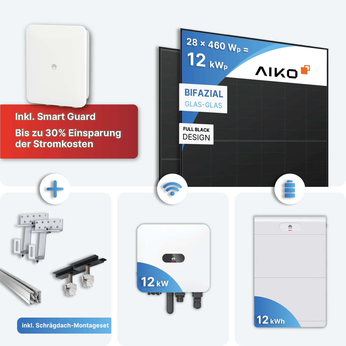 12 kWp PV Anlage Huawei MAP0 mit 12 kWh Speicher - Bifazial, Full Black inkl. Montageset