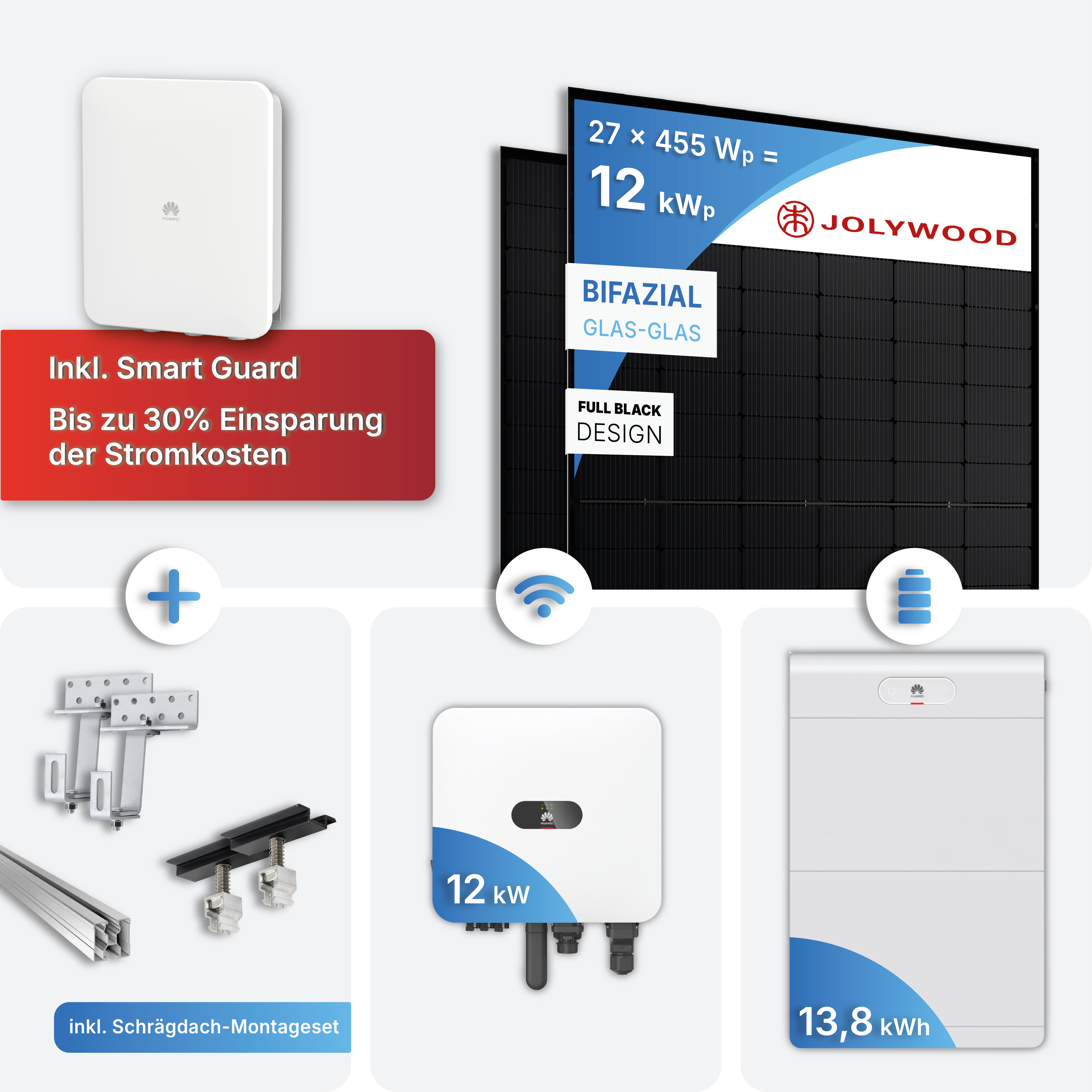 12 kWp PV Anlage Huawei MAP0 mit 14 kWh Speicher Huawei S1 - Bifazial, Full Black inkl. Montageset