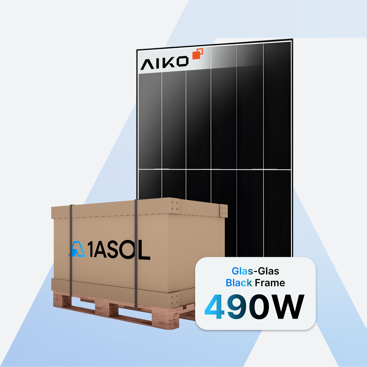 AIKO Neostar 2P+48w Solarmodul 490 W in Glas-Glas-Bauweise mit schwarzem Rahmen, davor eine Palette mit 37 Modulen