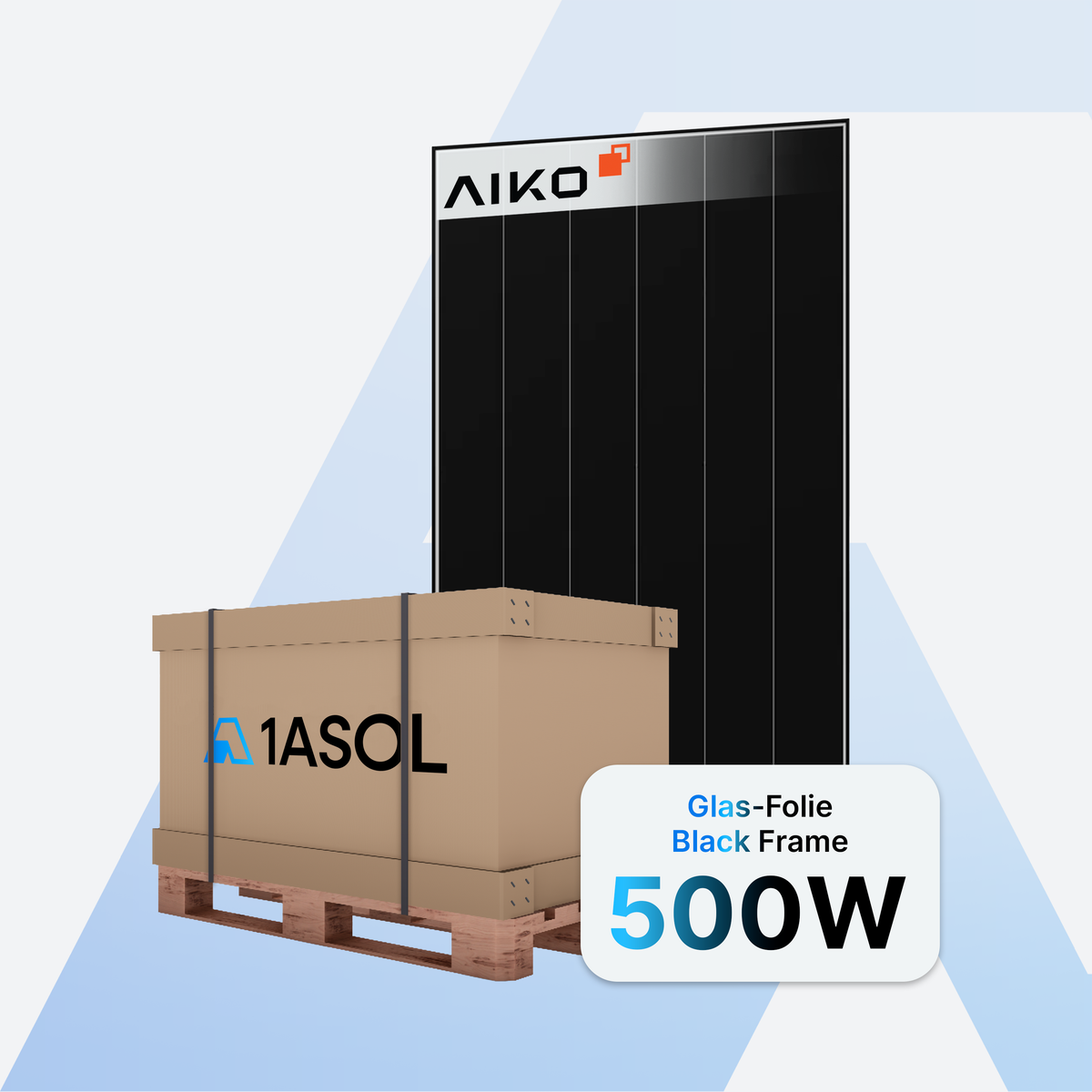 AIKO Neostar 3P54 Solarmodul 500 W in Glas-Folie-Bauweise mit schwarzem Rahmen, davor eine Palette mit 37 Modulen