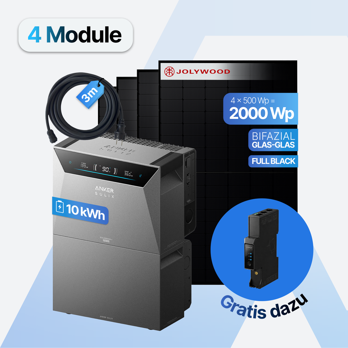 Balkonkraftwerk 2000W Set mit 10 kWh Speicher, Anker SOLIX Solarbank 4 Pro und BP5000 mit 4 Jolywood Modulen 500 Wp Full Black, AC-Kabel 3 m und Smart Meter Gen 2 gratis dazu