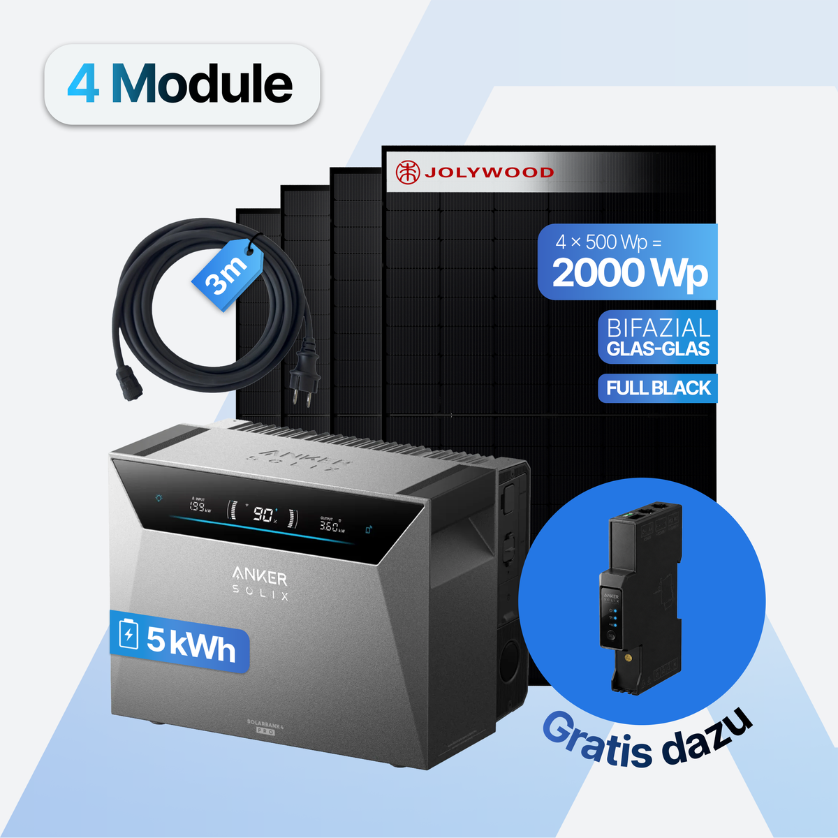 Balkonkraftwerk 2000W Set mit 5 kWh Speicher, Anker SOLIX Solarbank 4 Pro mit 4 Jolywood Modulen 500 Wp Full Black, AC-Kabel 3 m und Smart Meter Gen 2 gratis dazu