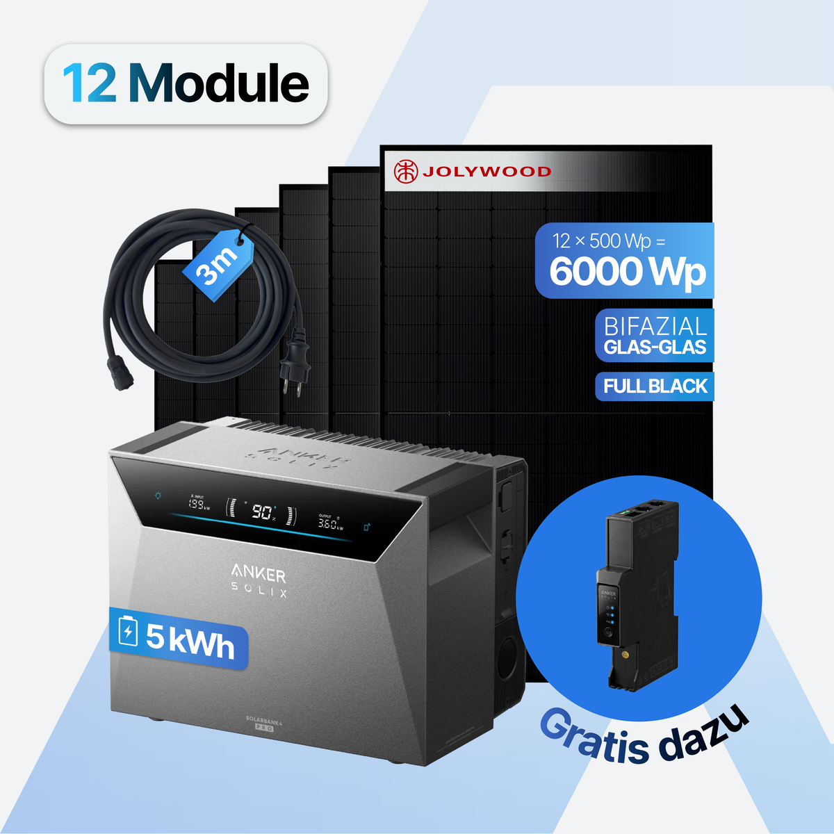 Balkonkraftwerk 6000W Set mit 5 kWh Speicher, Anker SOLIX Solarbank 4 Pro mit 12 Jolywood Modulen 500 Wp Full Black, AC-Kabel 3 m und Smart Meter Gen 2 gratis dazu