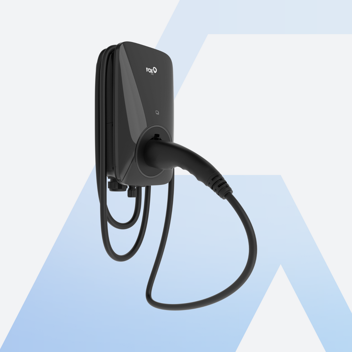Fox ESS AC-Wallbox mit fest angeschlossenem Typ-2-Ladekabel, schwarzes Wandgehäuse, Schrägansicht