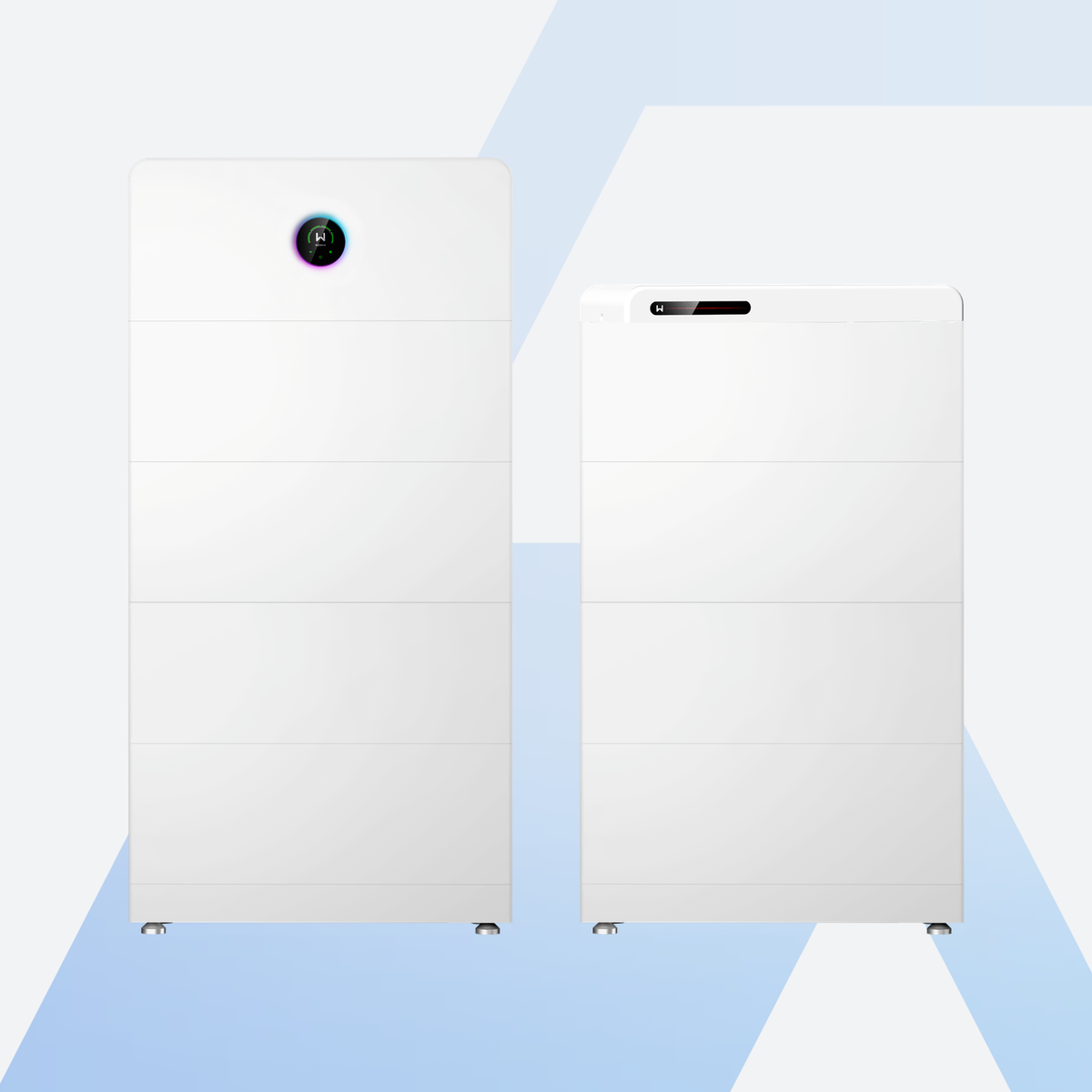 GoodWe ESA All-in-One Speichersystem 30 kW + 64 kWh, Vorderansicht mit zwei Stapeln: Wechselrichter GW29.999K-ETA-G20 auf vier Batteriemodulen GW8.3, daneben vier weitere Module GW8.3 mit Sockel und Abdeckung aus dem Erweiterungskit