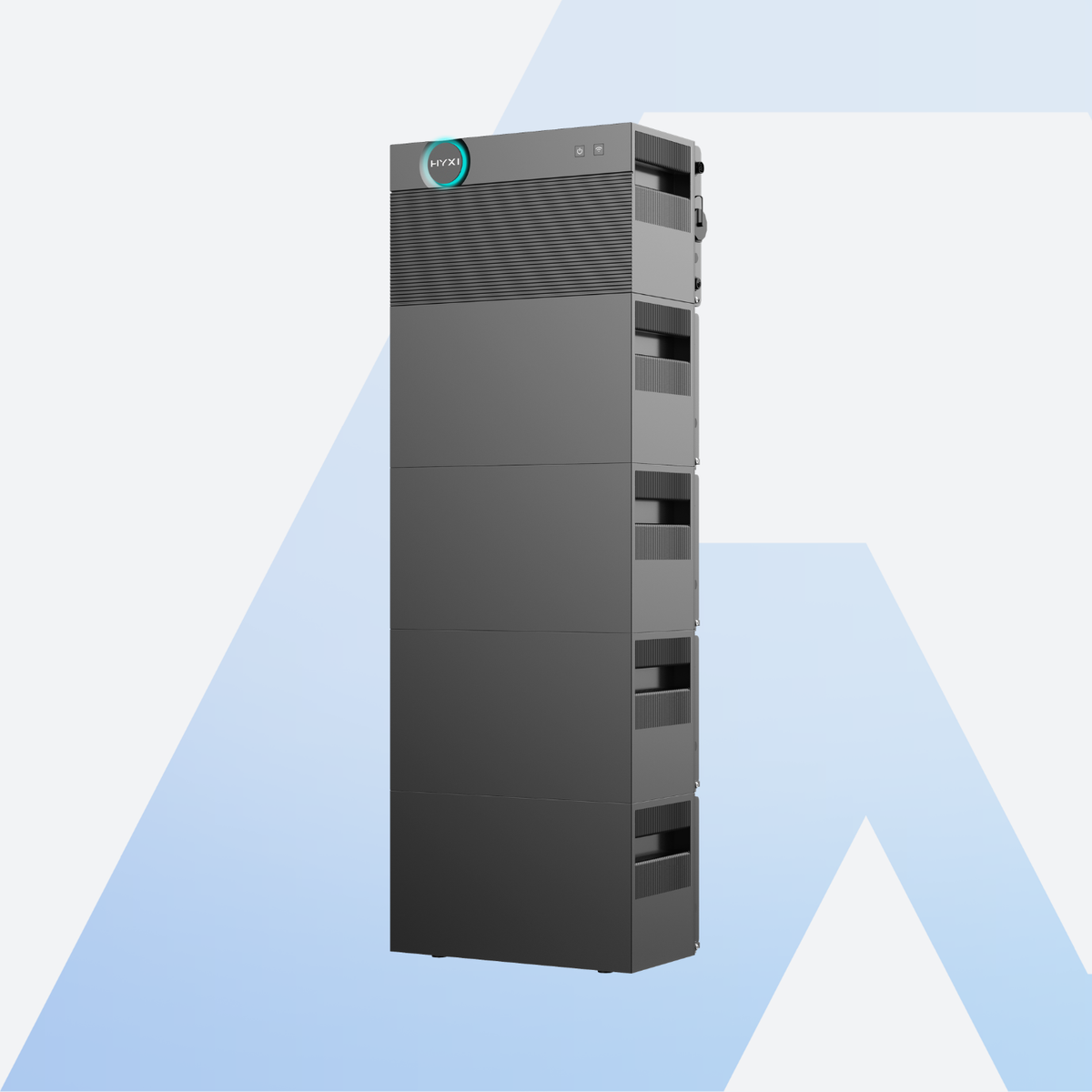 HYXI Halo AC-Balkonspeicher 15 kWh, Steuermodul mit vier Erweiterungsbatterien gestapelt