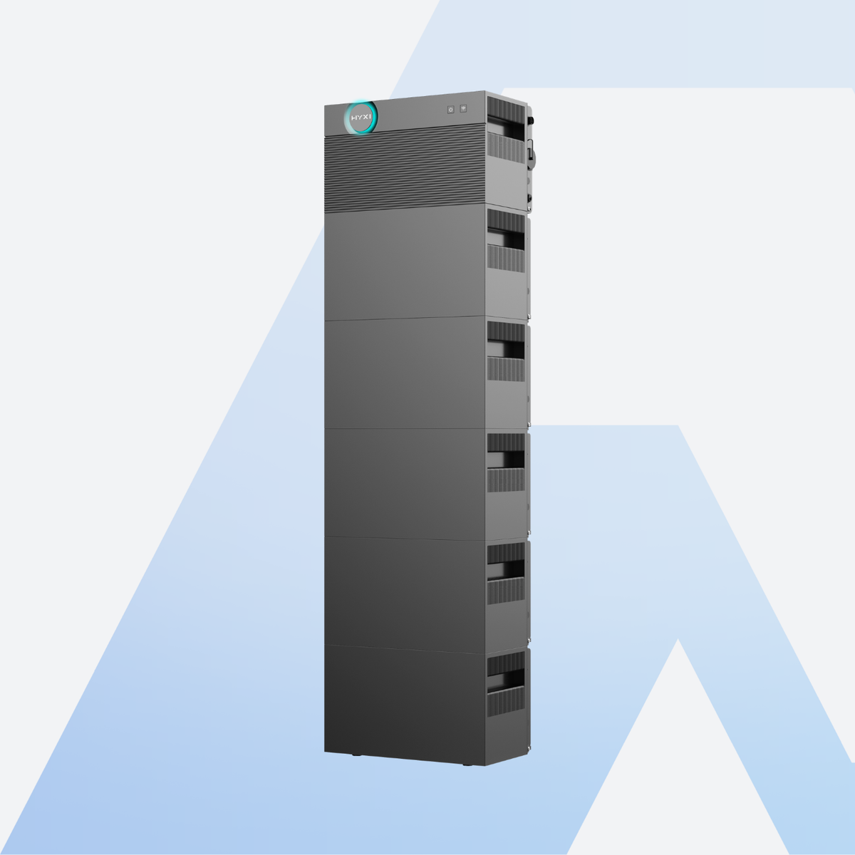 HYXI Halo AC-Balkonspeicher 18 kWh, Steuermodul mit fünf Erweiterungsbatterien gestapelt