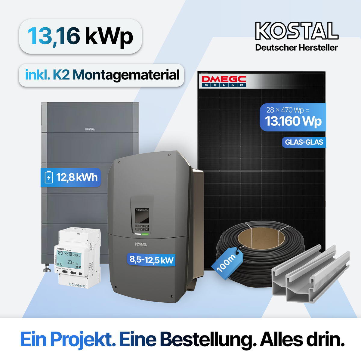 PV-Anlage 13,16 kWp mit 12,8 kWh Speicher: Kostal Plenticore G3 Komplettset mit 28 DMEGC Modulen, inklusive Montagematerial