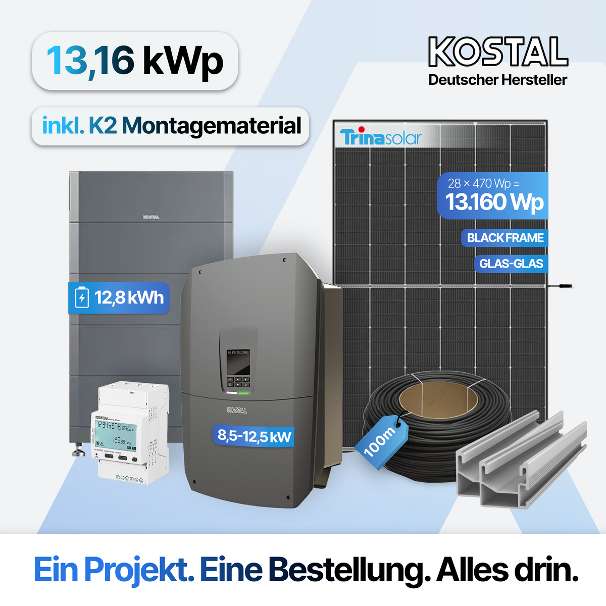 PV-Anlage 13,16 kWp mit 12,8 kWh Speicher: Kostal Plenticore G3 Komplettset mit 28 Trina Solar Modulen, inklusive Montagematerial