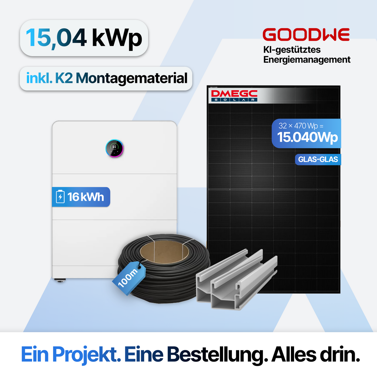 PV-Anlage 15,04 kWp mit 16 kWh Speicher: GoodWe ESA Komplettset mit 32 DMEGC Modulen, inklusive Montagematerial
