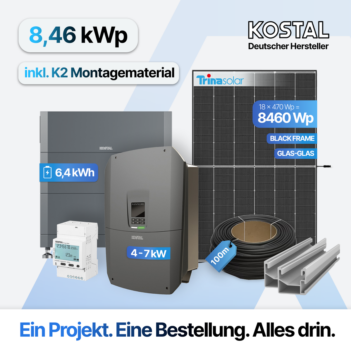 PV-Anlage 8,46 kWp mit 6,4 kWh Speicher: Kostal Plenticore G3 Komplettset mit 18 Trina Solar Modulen, inklusive Montagematerial