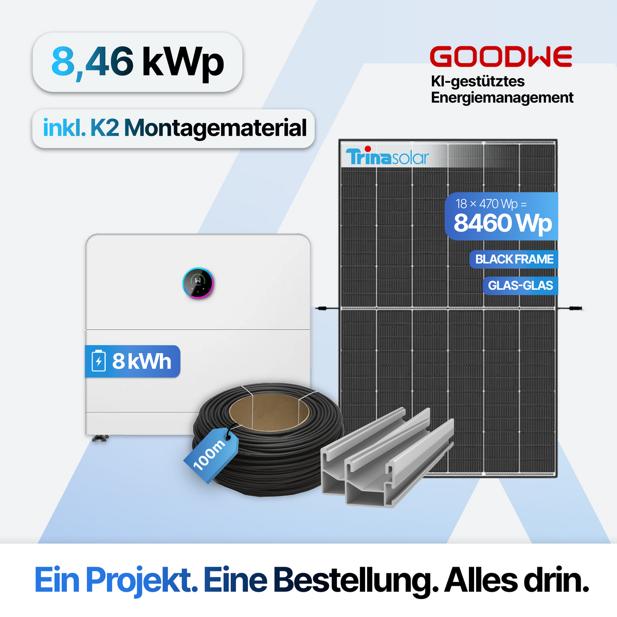 PV-Anlage 8,46 kWp mit 8 kWh Speicher: GoodWe ESA Komplettset mit 18 Trina Solar Modulen, inklusive Montagematerial