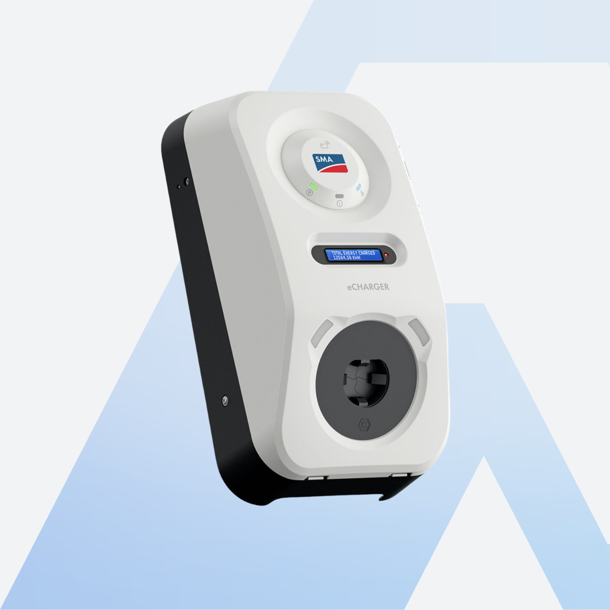 SMA eCharger 22 kW Wallbox mit Typ-2-Ladebuchse, Schrägansicht mit Display und RFID-Leser